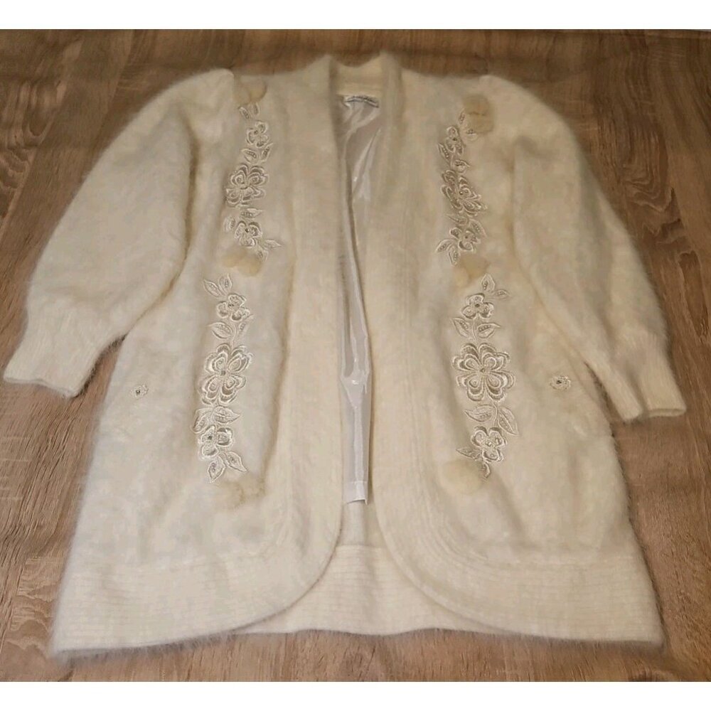 Belldini Womens Size S Ivory Open Front Angora Sweater Jacket Beaded Embroidered